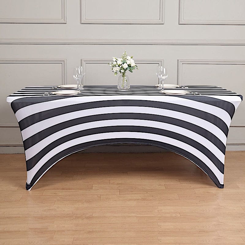 8 ft Fitted Premium Spandex Tablecloth Striped Table Cover - Black and White TAB_REC_SPX8FT_15_BLK