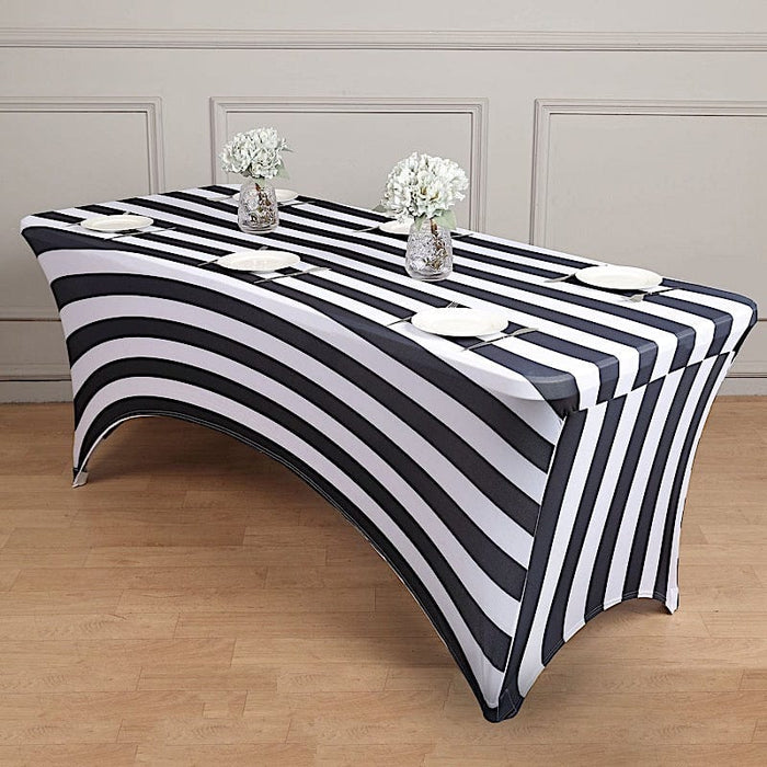 8 ft Fitted Premium Spandex Tablecloth Striped Table Cover - Black and White TAB_REC_SPX8FT_15_BLK