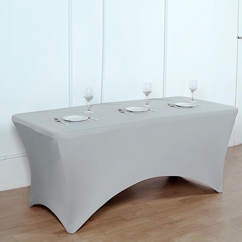8 ft Fitted Spandex Tablecloth 96" x 30" x 30" - Silver TAB_REC_SPX8FT_SILV