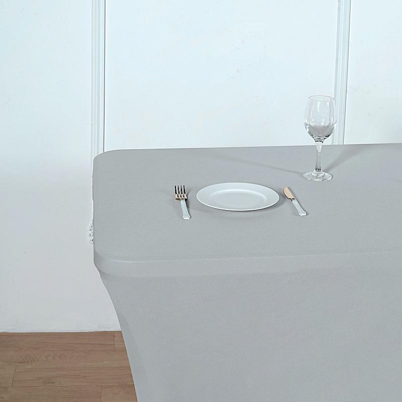 8 ft Fitted Spandex Tablecloth 96" x 30" x 30" - Silver TAB_REC_SPX8FT_SILV