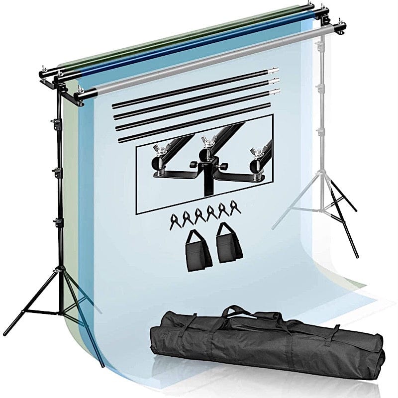 8 ft x 10 ft Triple Crossbar Adjustable Photography Backdrop Stand - Black BKDP_STND09_A