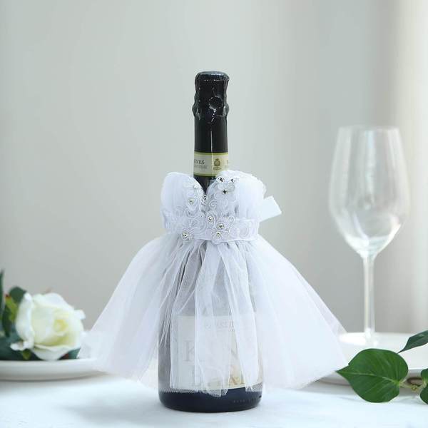 8" long Dress Wine Koozie Bottle Cover with Floral Satin Ribbon - White