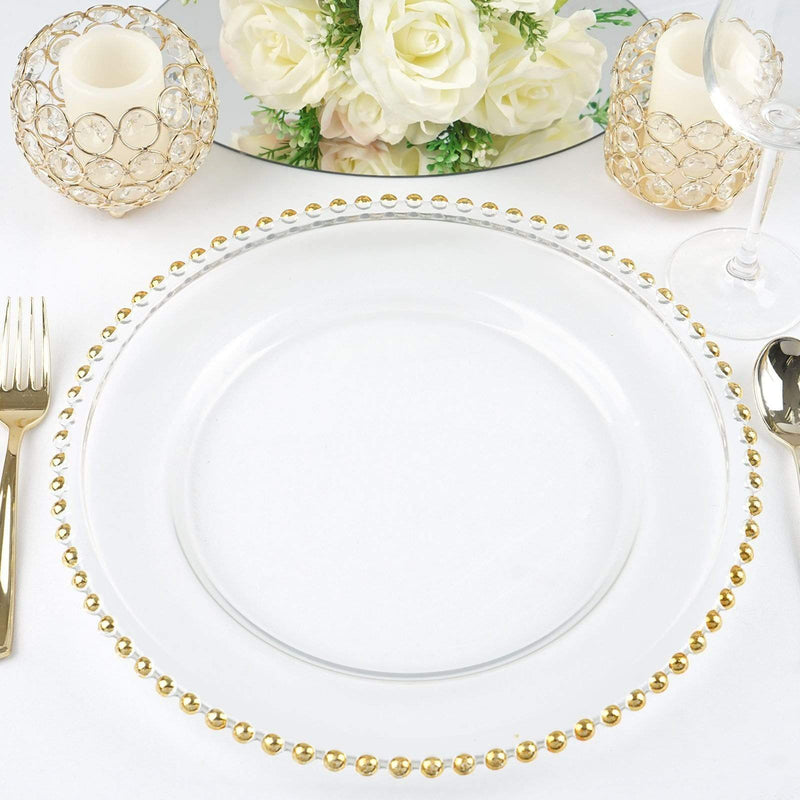 8 pcs 12" Round Gold Rim Glass Charger Plates - Clear with Gold CHRG_4239_GOLD
