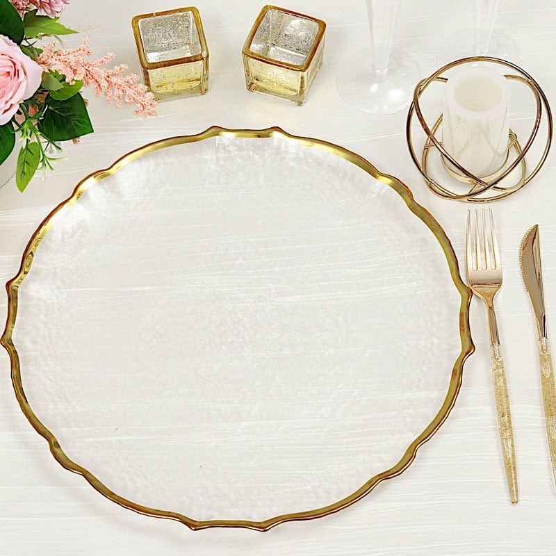 8 pcs 13" Glass Charger Plates with Scalloped Edges Design - Clear and Gold CHRG_GLAS0008_GOLD