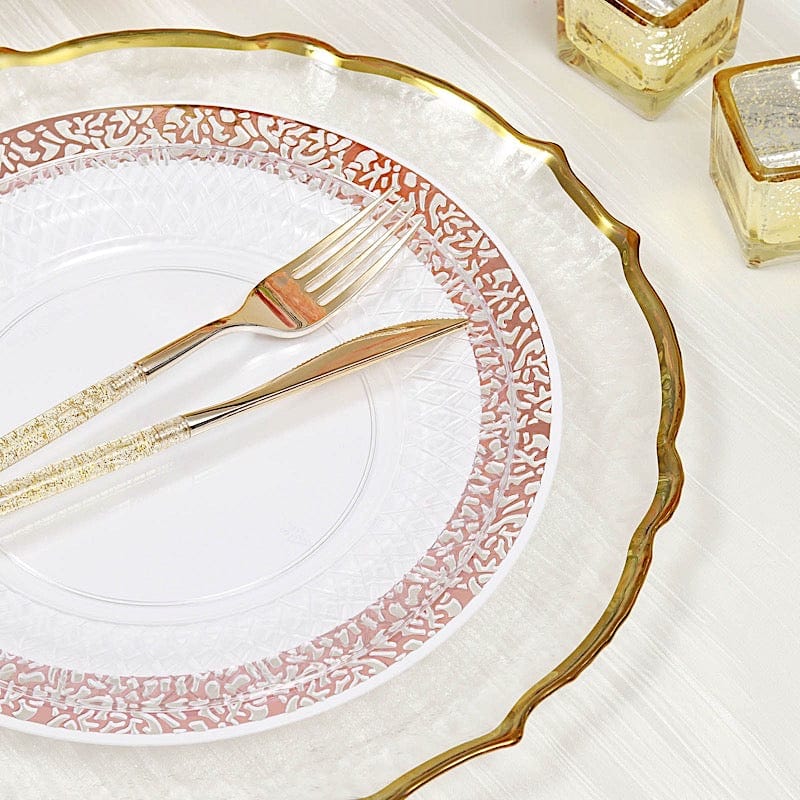 8 pcs 13" Glass Charger Plates with Scalloped Edges Design - Clear and Gold CHRG_GLAS0008_GOLD