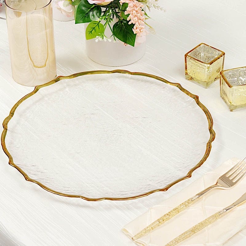 8 pcs 13" Glass Charger Plates with Scalloped Edges Design - Clear and Gold CHRG_GLAS0008_GOLD