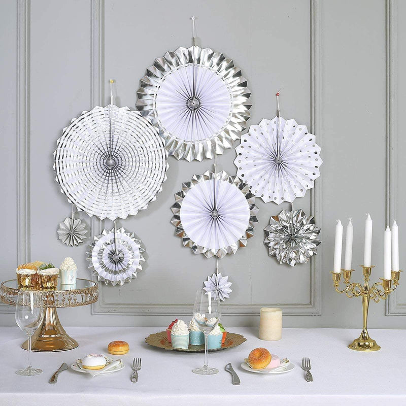 8 pcs Paper Fans Wall Backdrop Decorations - Assorted Silver PAP_FAN_004_SILV