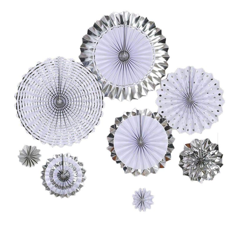 8 pcs Paper Fans Wall Backdrop Decorations - Assorted Silver PAP_FAN_004_SILV