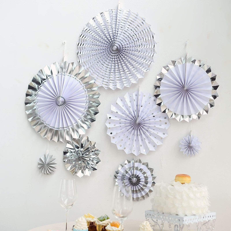 8 pcs Paper Fans Wall Backdrop Decorations - Assorted Silver PAP_FAN_004_SILV