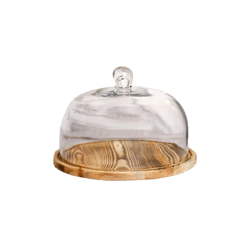 8" tall Glass Display Dome with Wooden Base Cloche Cake stand - Clear and Natural CAKE_WOD002_12_NAT