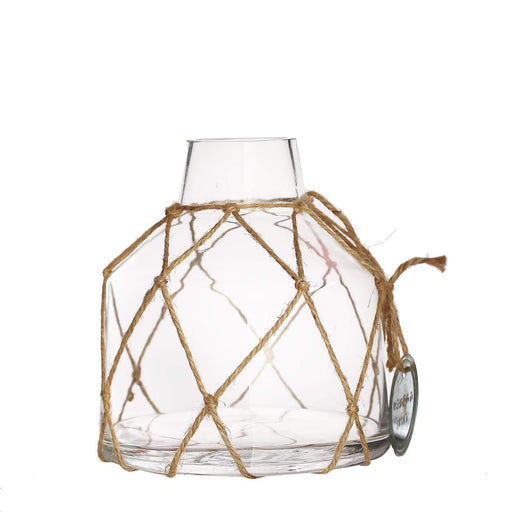 8" tall Tapered Neck Glass Jar Vase with Net and Coin Tag - Clear and Brown VASE_A47_8
