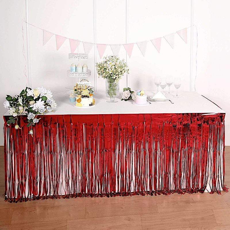 9 ft x 30" Disposable Metallic Foil Fringe Table Skirt - Red SKT_PVC01_RED