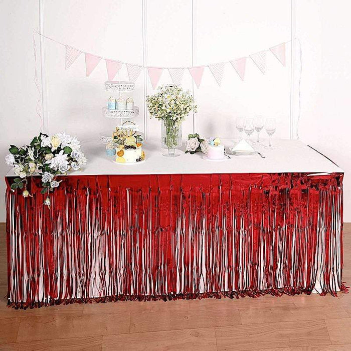 9 ft x 30" Disposable Metallic Foil Fringe Table Skirt - Red SKT_PVC01_RED
