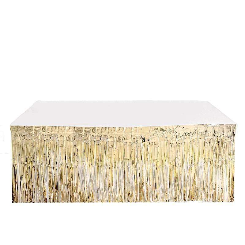 9 ft x 30" Disposable Metallic Foil Fringe Table Skirt SKT_PVC01_CHMP