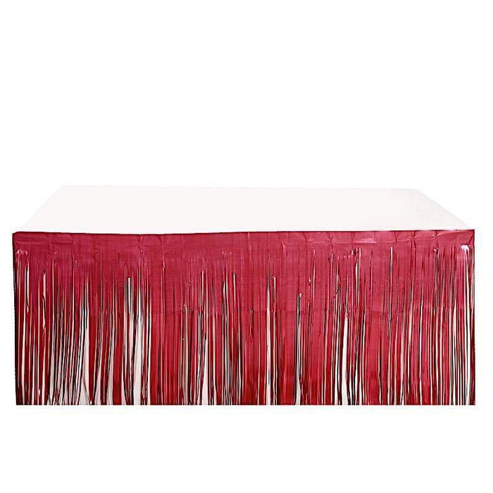 9 ft x 30" Disposable Metallic Foil Fringe Table Skirt SKT_PVC01_REDM