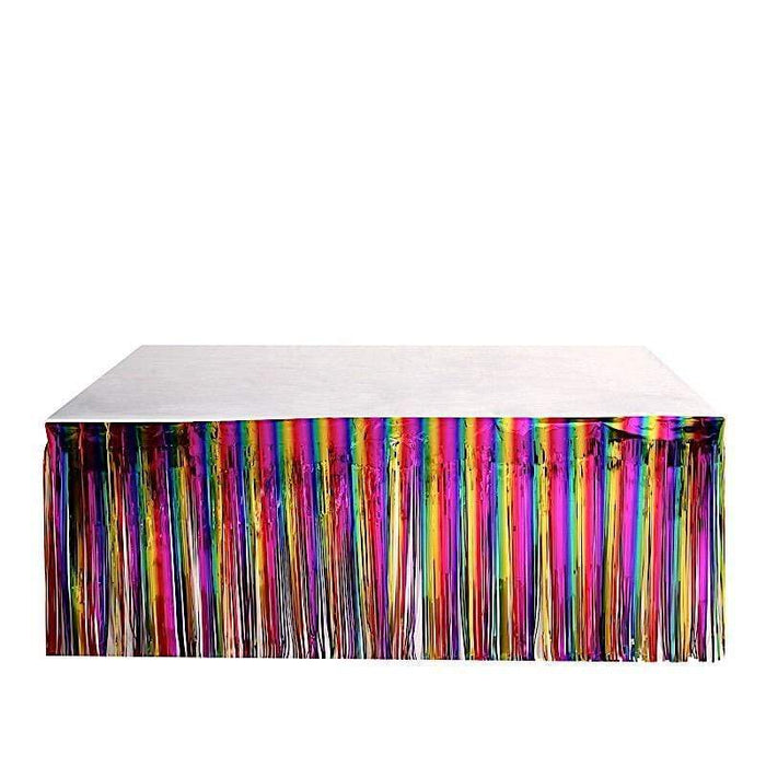 9 ft x 30" Disposable Metallic Foil Fringe Table Skirt SKT_PVC01_RNBW