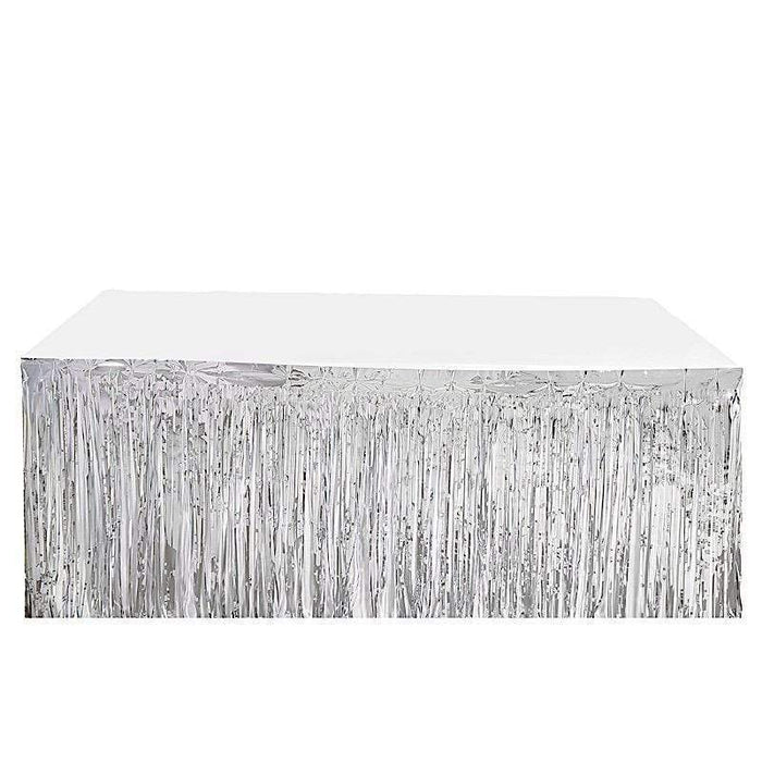9 ft x 30" Disposable Metallic Foil Fringe Table Skirt SKT_PVC01_SILV