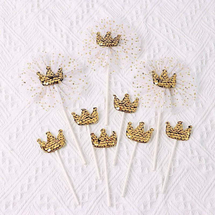 9 Mini Sequin Crown Cake Topper Set - White and Gold CAKE_TOP_009_GOLD