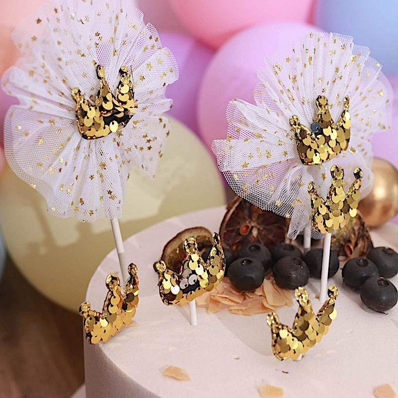 9 Mini Sequin Crown Cake Topper Set - White and Gold CAKE_TOP_009_GOLD