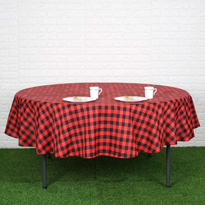 90" Checkered Gingham Polyester Round Tablecloth - Black and Red TAB_CHK90_BLKRED