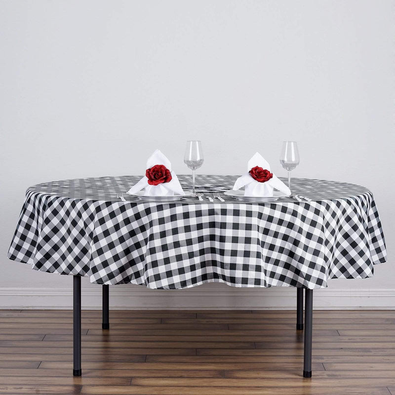 90" Checkered Gingham Polyester Round Tablecloth - Black and White TAB_CHK90_BLK