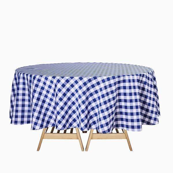 90" Checkered Gingham Polyester Round Tablecloth - Navy Blue and White TAB_CHK90_NAVY