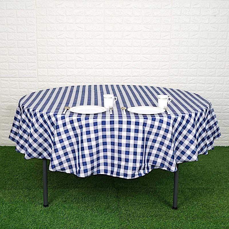 90" Checkered Gingham Polyester Round Tablecloth - Navy Blue and White TAB_CHK90_NAVY