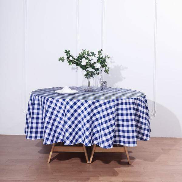 90" Checkered Gingham Polyester Round Tablecloth - Navy Blue and White TAB_CHK90_NAVY