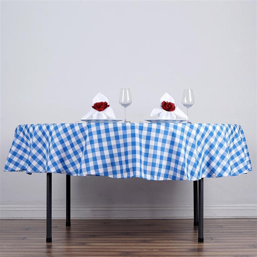 90" Checkered Gingham Polyester Round Tablecloth - Blue and White TAB_CHK90_BLUE
