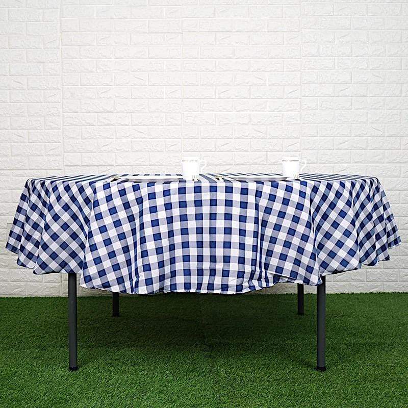 90" Checkered Gingham Polyester Round Tablecloth - Navy Blue and White TAB_CHK90_NAVY
