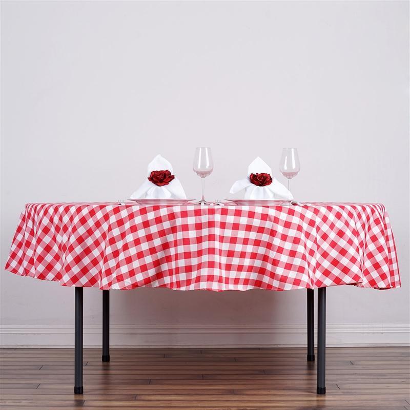 90" Checkered Gingham Polyester Round Tablecloth - Red and White TAB_CHK90_RED