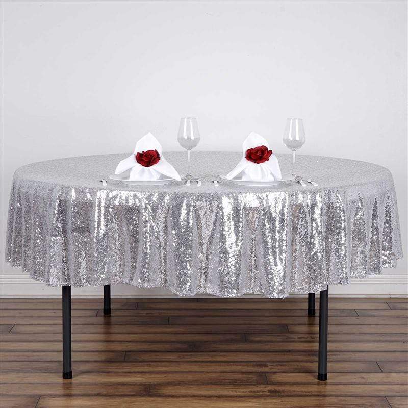 90" Round Sequin Tablecloth - Silver Light Gray TAB_02_90_SILV