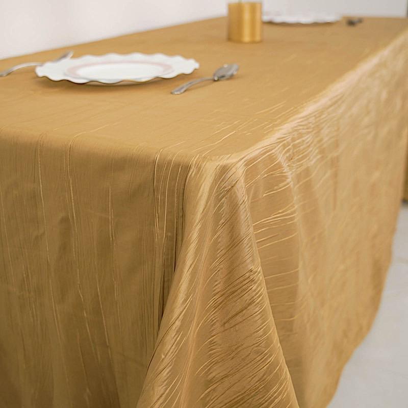 90" x 132" Accordion Metallic Crinkled Taffeta Rectangular Tablecloth - Gold TAB_ACRNK_90132_GOLD