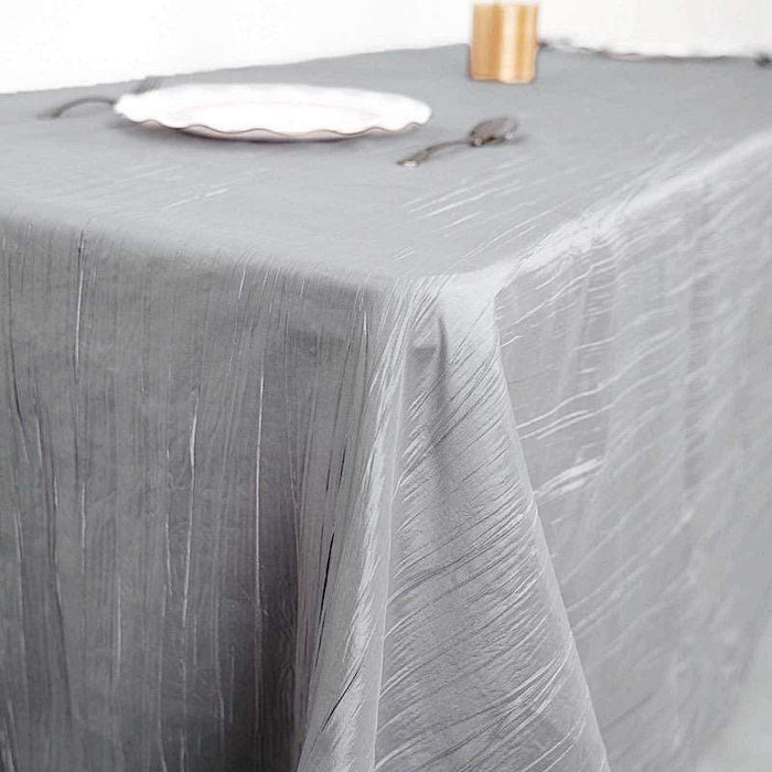 90" x 132" Accordion Metallic Crinkled Taffeta Rectangular Tablecloth - Silver TAB_ACRNK_90132_SILV