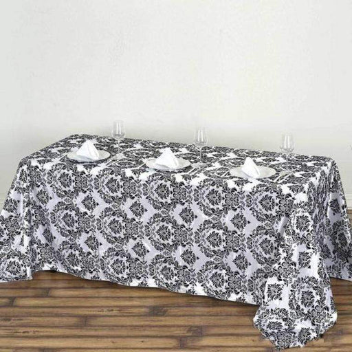 90" x 132" Damask Flocking Rectangular Tablecloth - Black and White TAB_FLK90132_BLK