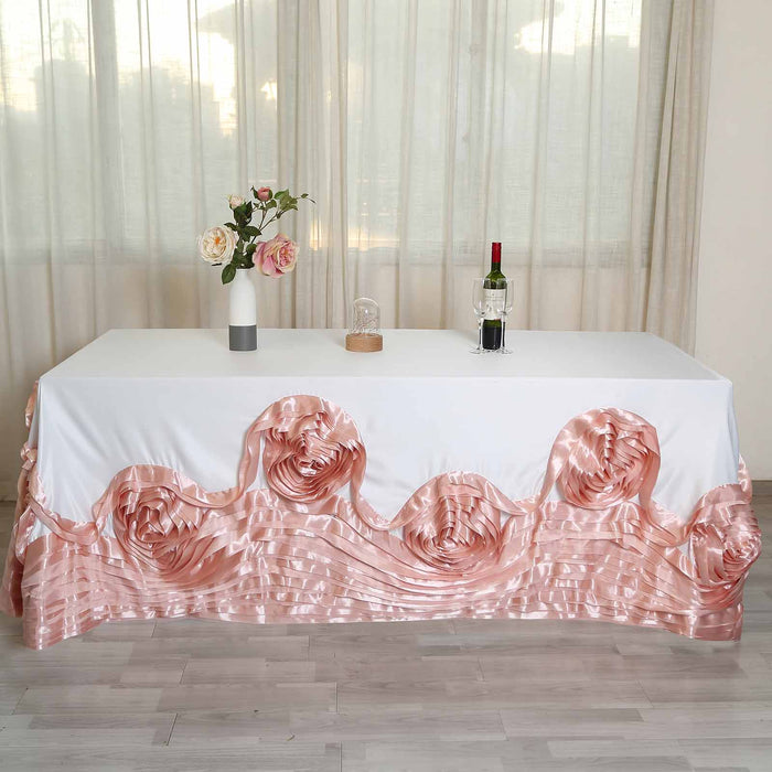 90"x132" Large Roses Lamour Satin Rectangular Tablecloth TAB_73_90132_WH046