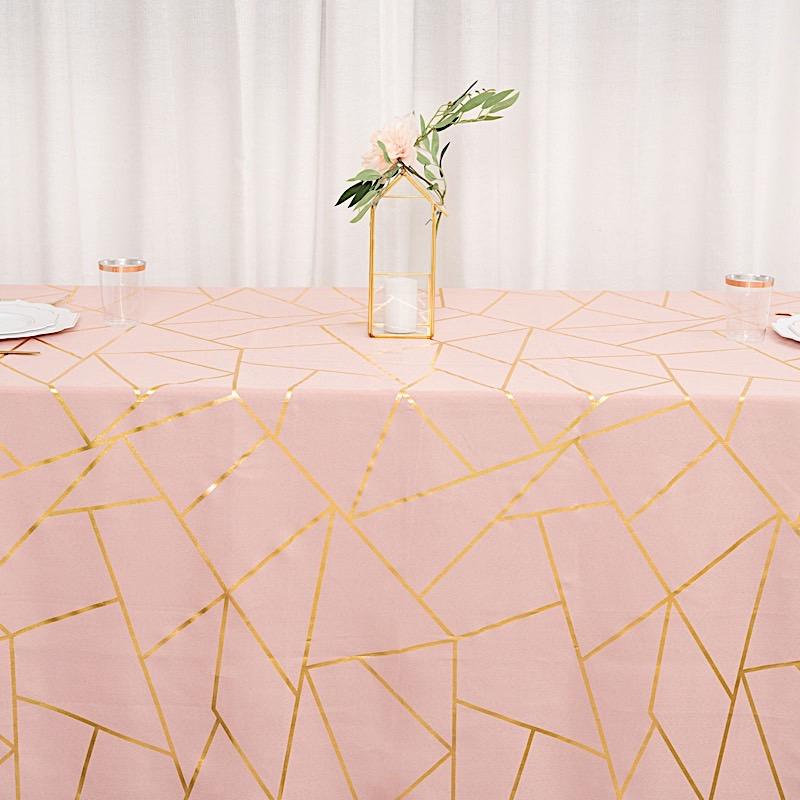 90"x132" Polyester Rectangular Tablecloth with Metallic Geometric Pattern - Dusty Rose with Gold TAB_FOIL_90132_080_G