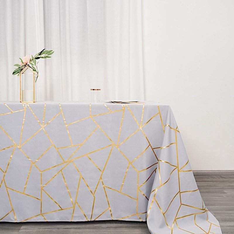 90"x132" Polyester Rectangular Tablecloth with Metallic Geometric Pattern