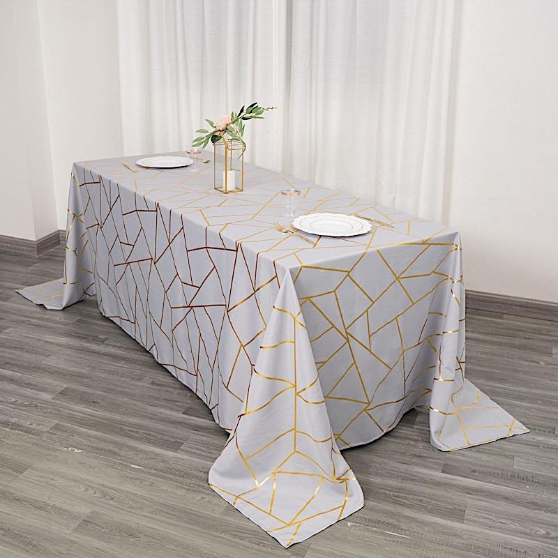 90"x132" Polyester Rectangular Tablecloth with Metallic Geometric Pattern