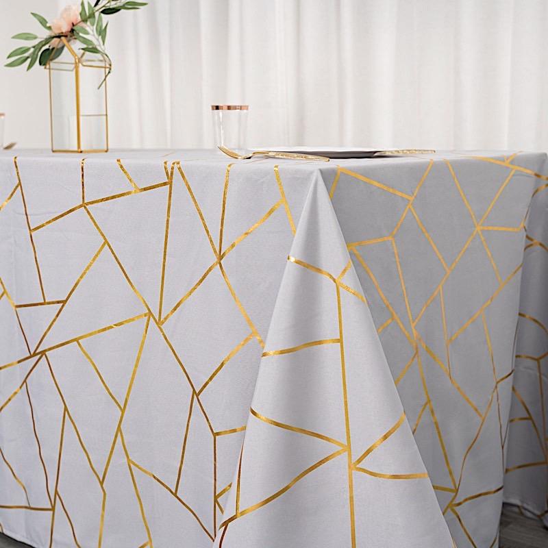 90"x132" Polyester Rectangular Tablecloth with Metallic Geometric Pattern