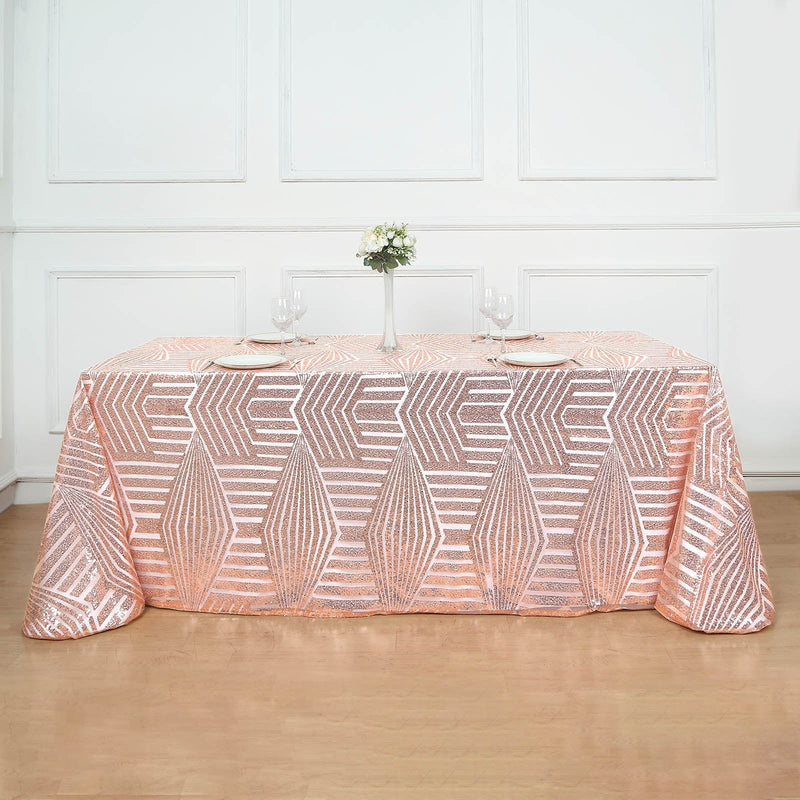 90"x132" Tulle Rectangular Tablecloth with Sequins and Geometric Pattern
