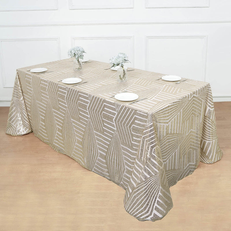 90"x132" Tulle Rectangular Tablecloth with Sequins and Geometric Pattern