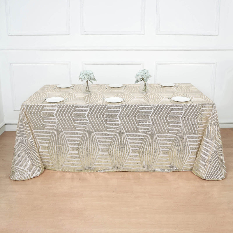 90"x132" Tulle Rectangular Tablecloth with Sequins and Geometric Pattern