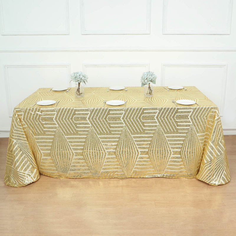 90"x132" Tulle Rectangular Tablecloth with Sequins and Geometric Pattern