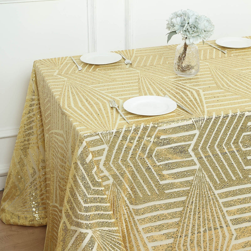 90"x132" Tulle Rectangular Tablecloth with Sequins and Geometric Pattern