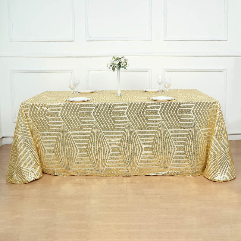 90"x132" Tulle Rectangular Tablecloth with Sequins and Geometric Pattern