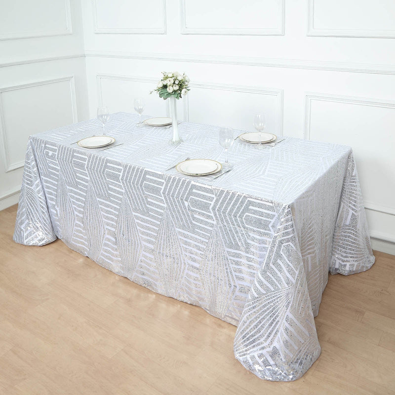 90"x132" Tulle Rectangular Tablecloth with Sequins and Geometric Pattern