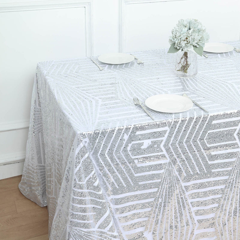 90"x132" Tulle Rectangular Tablecloth with Sequins and Geometric Pattern
