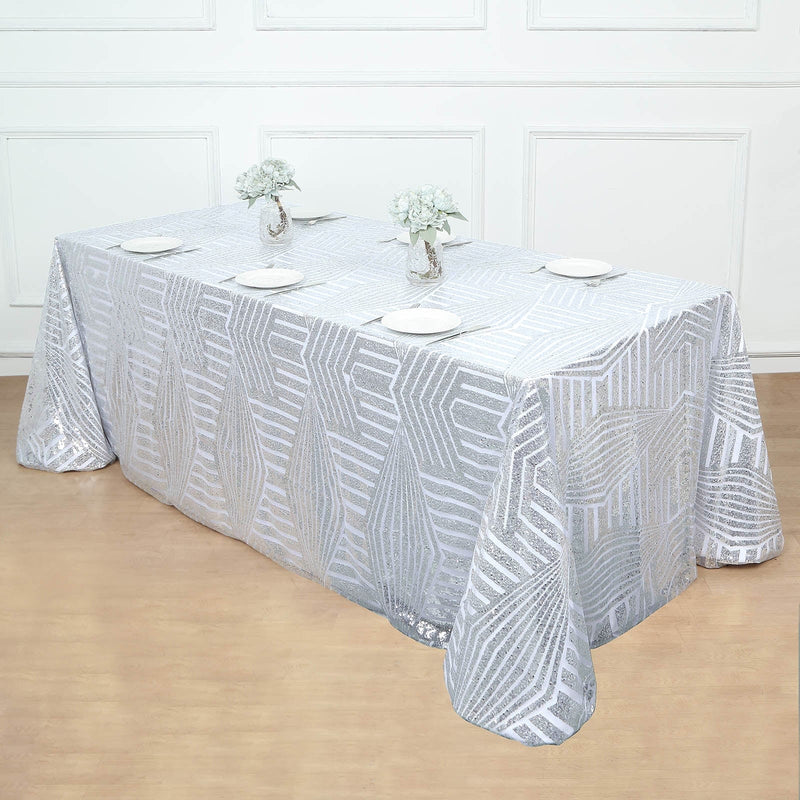 90"x132" Tulle Rectangular Tablecloth with Sequins and Geometric Pattern