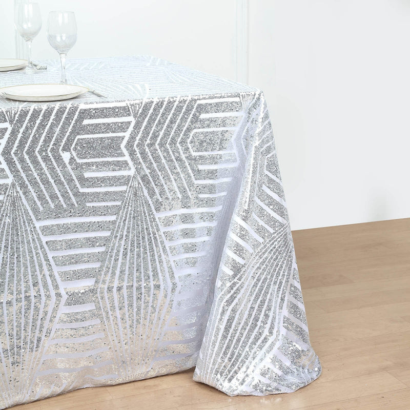 90"x132" Tulle Rectangular Tablecloth with Sequins and Geometric Pattern